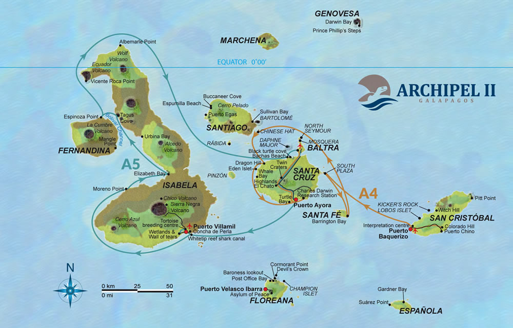 Karte Reiseroute Galapagos Katamaran Archipel 2 Tour A - 8 Tage