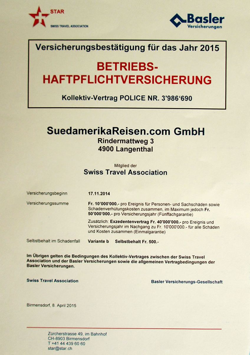 Betriebs-Haftpflichtversicherung SuedamerikaReisen.com GmbH