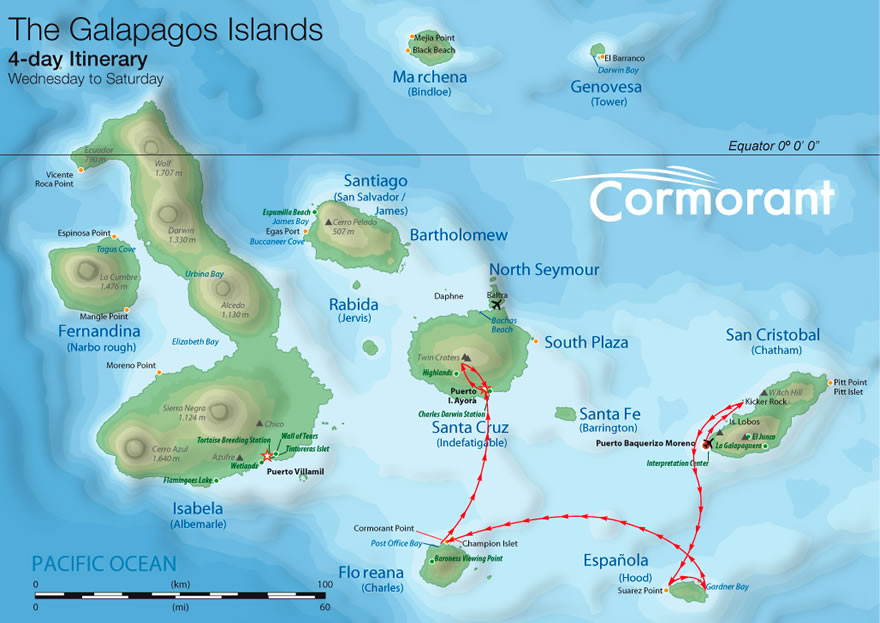 Karte Galapagos Katamaran Cormorant - 4 Tages Tour