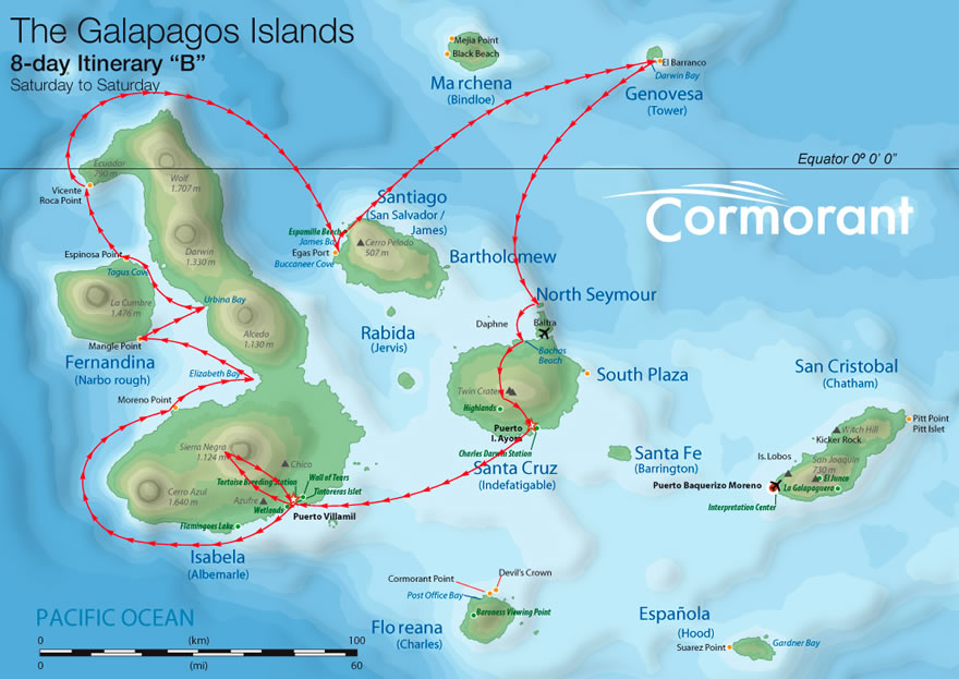 Karte Reiseroute Galapagos Katamaran Cormorant -  Tour B