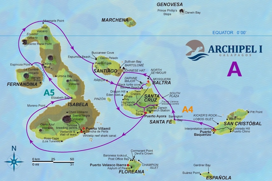 Karte Reiseroute Galapagos Katamaran Archipel Tour A - 8 Tage