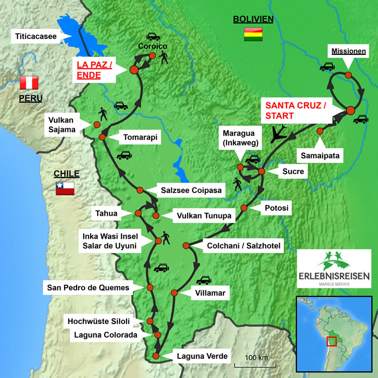 Bolivien Rundreise Karte / Salar de Uyuni - La Paz als Privatreise