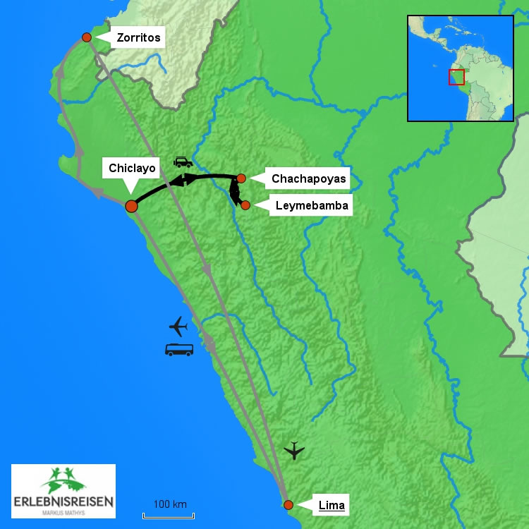 Karte für Reisen von Chiclayo nach Chachapoyas in Nordperu