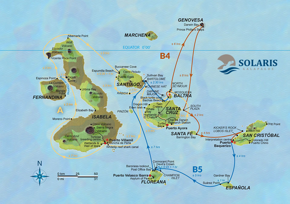 Galapagos Reisen Schiff Solaris Karte 15 Tagestour A und B