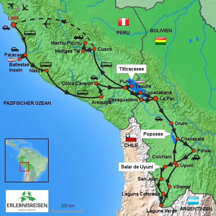 Karte der Route der Peru und Bolivien Rundreise.