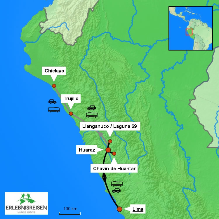 Karte für eine Reise ab Lima nach Huaraz