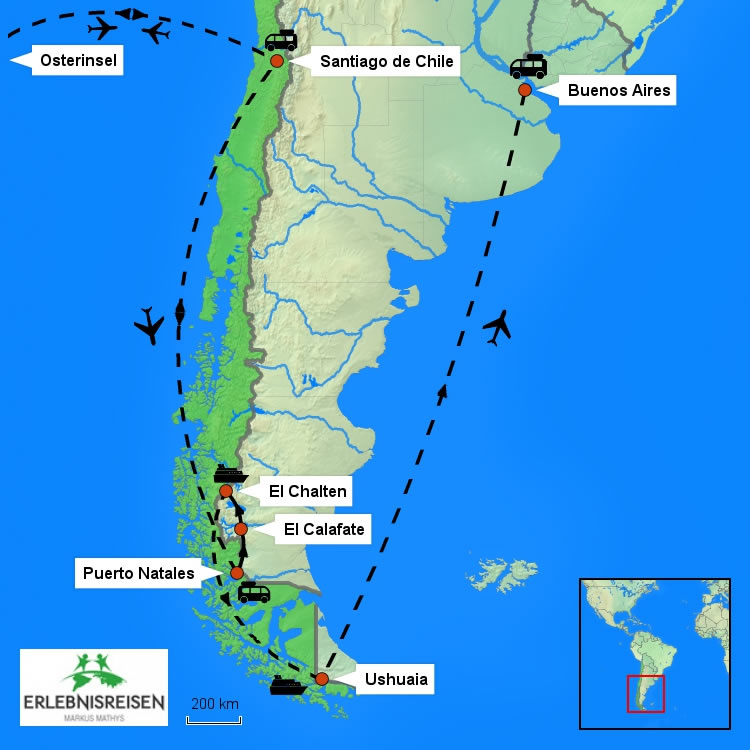 Karte Rundreisen Osterinsel Chile und Argentinien