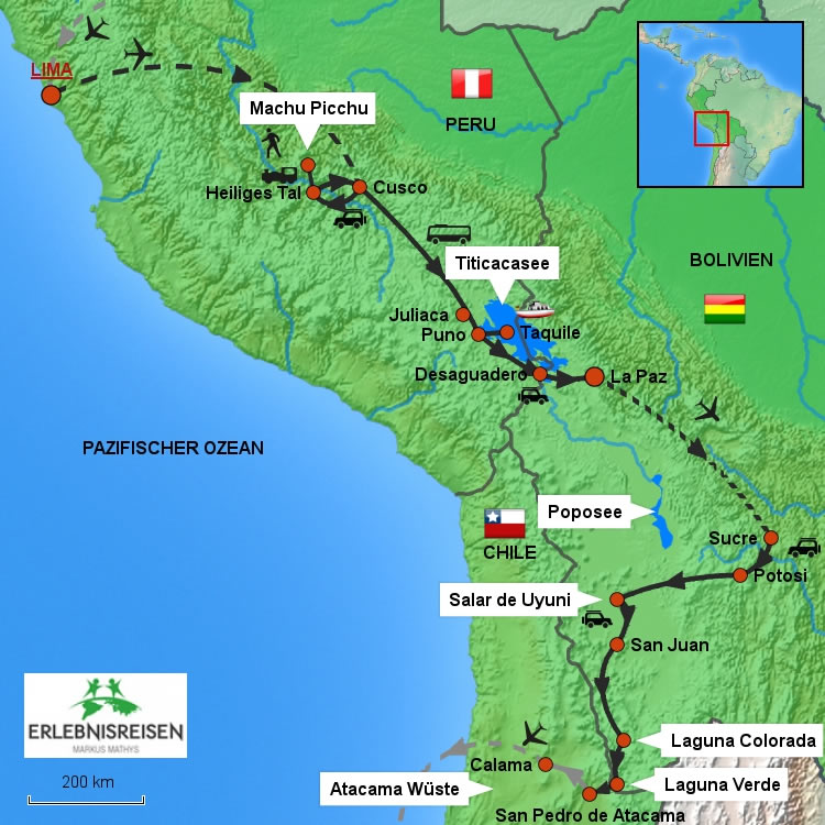 Peru Bolivien Chile Reise - Kartenansicht