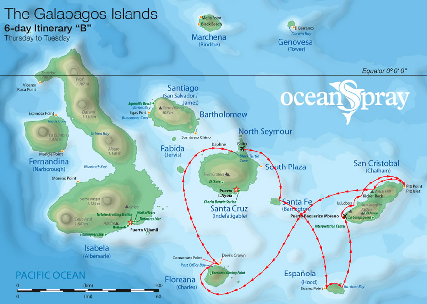 Galapagos Katamaran Ocean Spray - Karte 6-Tagestour B