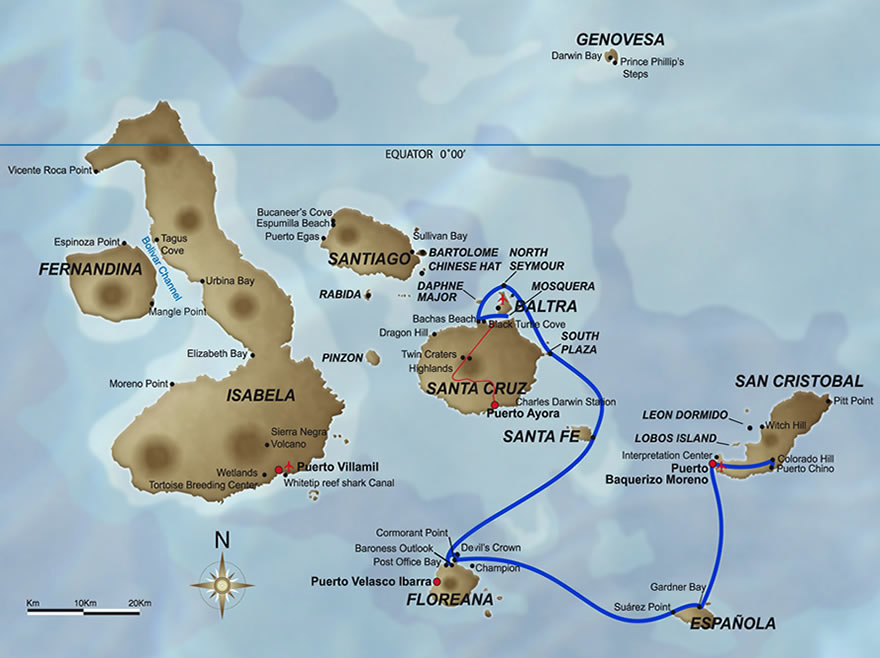 Galapagos Reisen auf dem Schiff Odyssey - Karte 6 Tagestour A