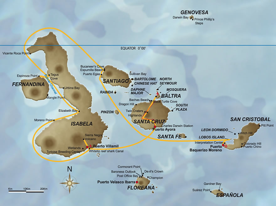 Galapagos Reisen auf dem Schiff Odyssey - Karte der 6-Tagestour C