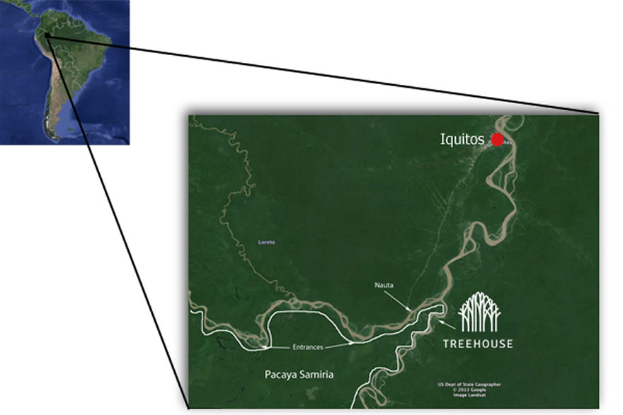 Karte Treehouse Lodge - Baumhaus Lodge Iquitos Peru 