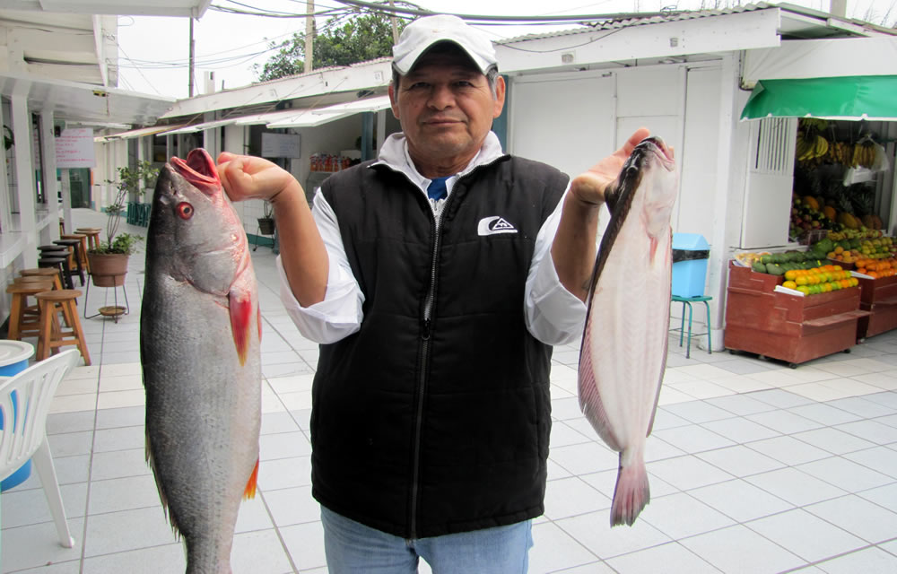 Fischer mit einer Corvina und einem Lenguado